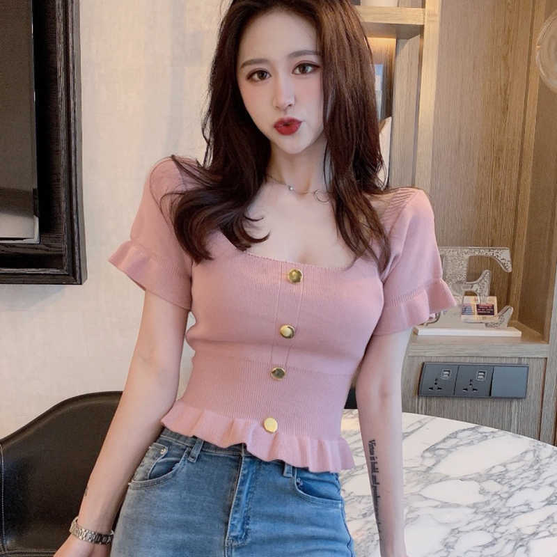 Square Collar Summer Short Sleeve Women Sweater Knitted Crop Tops Slim Sexy Korean Fashion Button Pullovers Para Mujer 210615, Pink
Square Collar Summer Short Sleeve Women Sweater Knitted Crop Tops Slim Sexy Korean Fashion Button Pullovers Para Mujer 210615, Pink