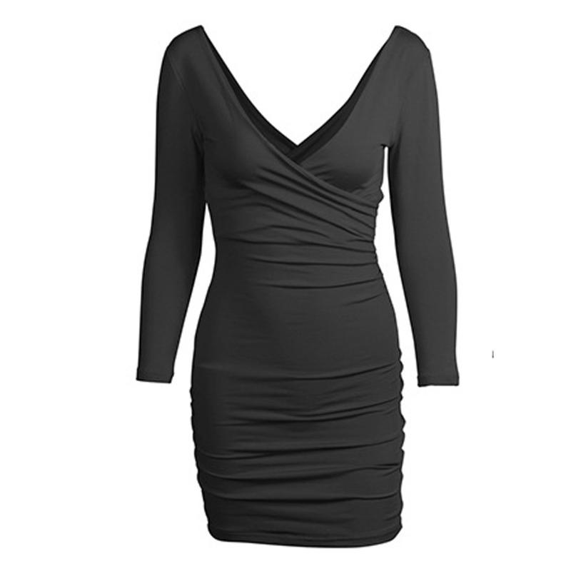 Bodycon Dresses Sexy Women Long Sleeve V-neck Dress Black Skinny Elastic Party Clubwear Evening Vestidos Casual