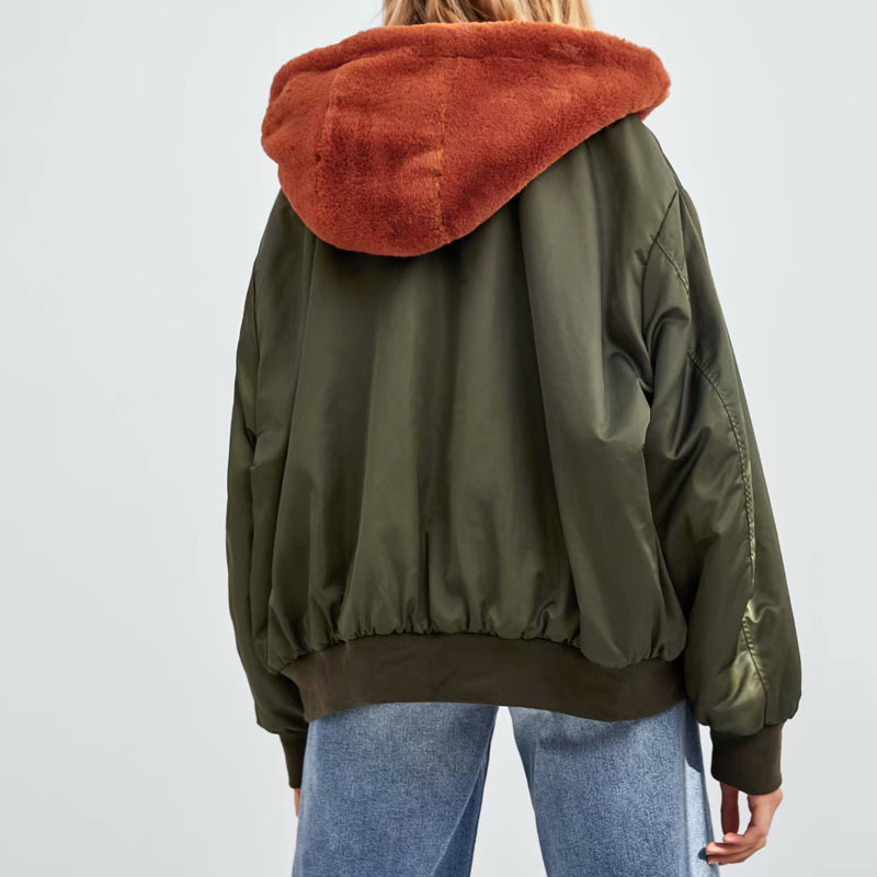 Long sleeve black winter women's double-sided wearing bomber jacket wild loose faux fur hooded women's jacket 210507