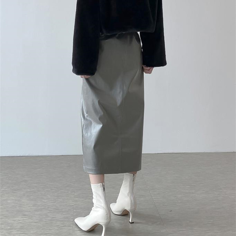 OL Elegant Women High Waist Vintage Fashion Split Pu Leather Skirt Autumn Winter Work Wear Solid Long Skirts Womens 210421