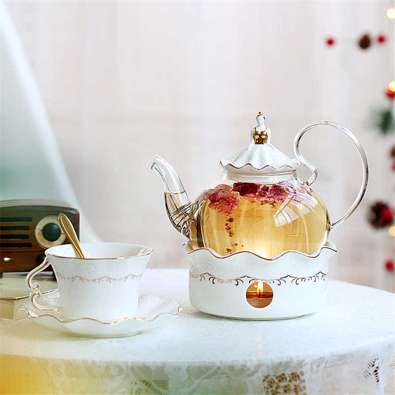 Ceramic Teapot With Strainer Vintage Porcelain British Tea Pot And Cup Set Candle Heating Glass Coffee Mugs Home Decoration 210724
