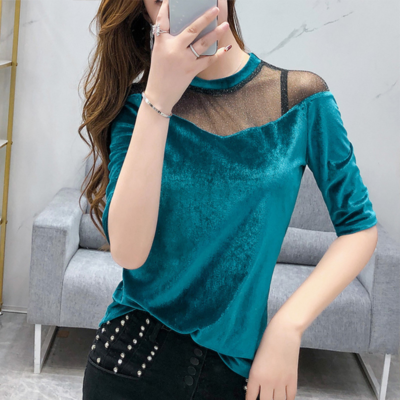 Fashion women Spring Mesh Hollow Solid Sexy Middle Sleeve Female O-Neck Bottom Women Shirt Tops and Blouses 210510