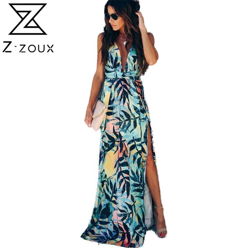 Women Dress Deep V Neck Spaghetti Strap Long Bandage Printed Bohemia es Sexy Print Floral Maxi es 210513