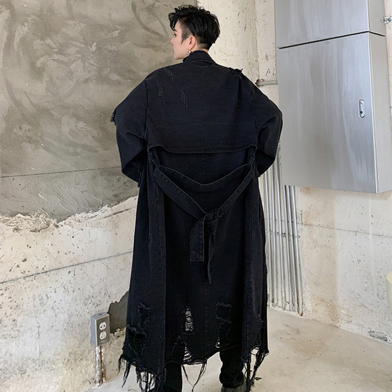 IEFB / Fashion Mens Windbreaker Suit Collar Douoble Breasted With Belt Denim Trench Coat Male Loose Casual 9A459 210524