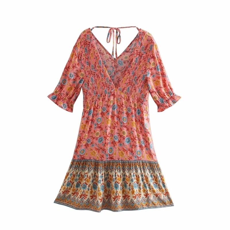 Rayon print lace-up elastic deep V dress Chiffon Holiday Style A-line Women Dress Spring Summer O-neck Female Short 210524, Pink
Rayon print lace-up elastic deep V dress Chiffon Holiday Style A-line Women Dress Spring Summer O-neck Female Short 210524, Pink