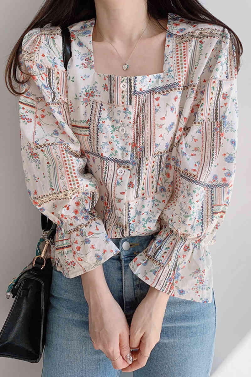 Elegant Square Collar Boho Blouse Women Korean Chic Floral Print Female Shirts Thin Beach Style Blusas Mujer Tops 210422