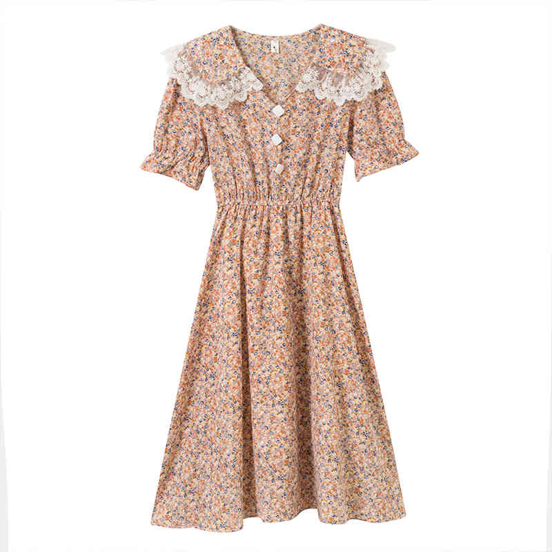 Vintage V Neck Floral Dress Women Elegant Chiffon Midi Peter Pan Collar Short Puff Sleeve Casual Summer 210515