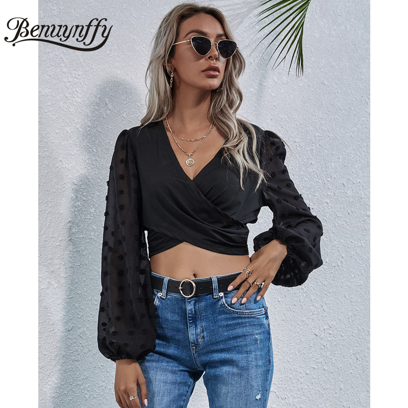 Crossover V-neck Polka Dot Flocked Mesh Sleeve Crop Top Women Black Sexy Lantern Ladies Slim Blouses Tops 210510