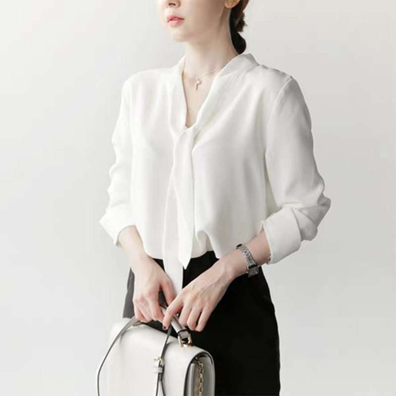 White Chiffon OL Shirts Spring Autumn Women Long Sleeve V-neck Ribbon Blouse Office Work Ladies Tops Blusas Mujer S441 210512