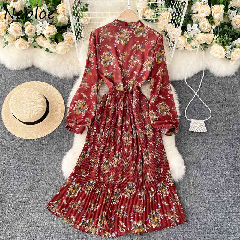 Neploe O Neck Pullover Long Sleeve Dress Women High Waist Hip A Line Print Vestidos Mujer Spring New Draped Robe Slim Dress 210422