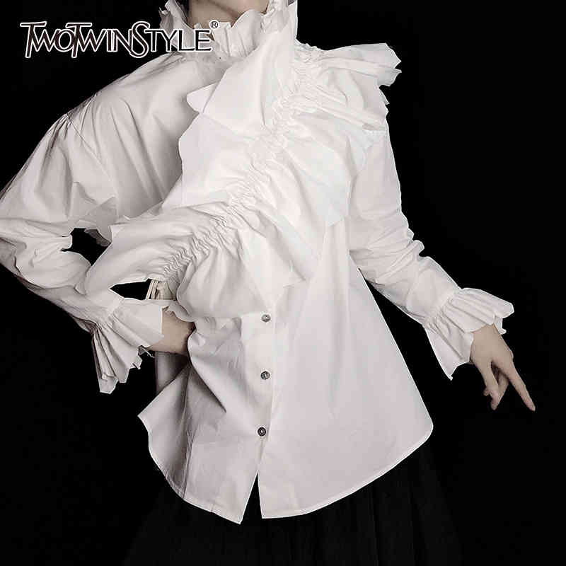 Patchwork Ruched White Shirt For Women Stand Long Sleeve Casual Elegant Blouse Female Fashion Clothes Summer 210524