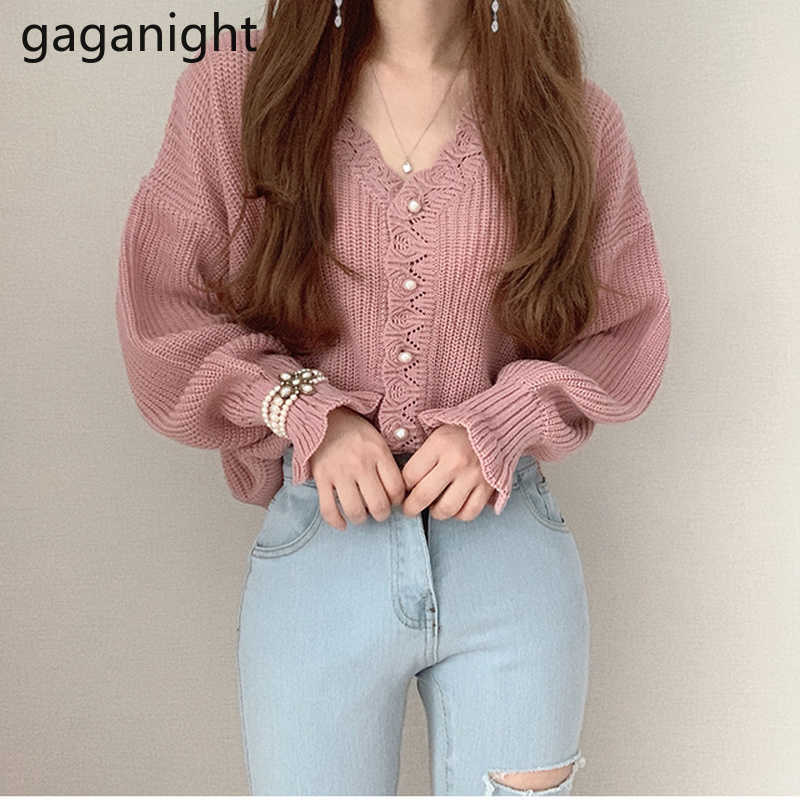 Gaganight Knit Women Elegant Sweater Spring Autumn Fashion Solid Casual Loose Cardigan Beading Single Breasted Ruffles Kardigan 210918
