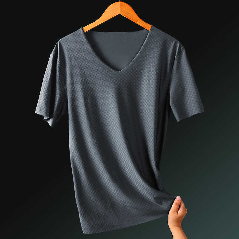 Summer male v neck summer Tops youth thin elastic T Shirts cultivate morality grid quick dry campaign half sleeve shirt 210629, Royal blue