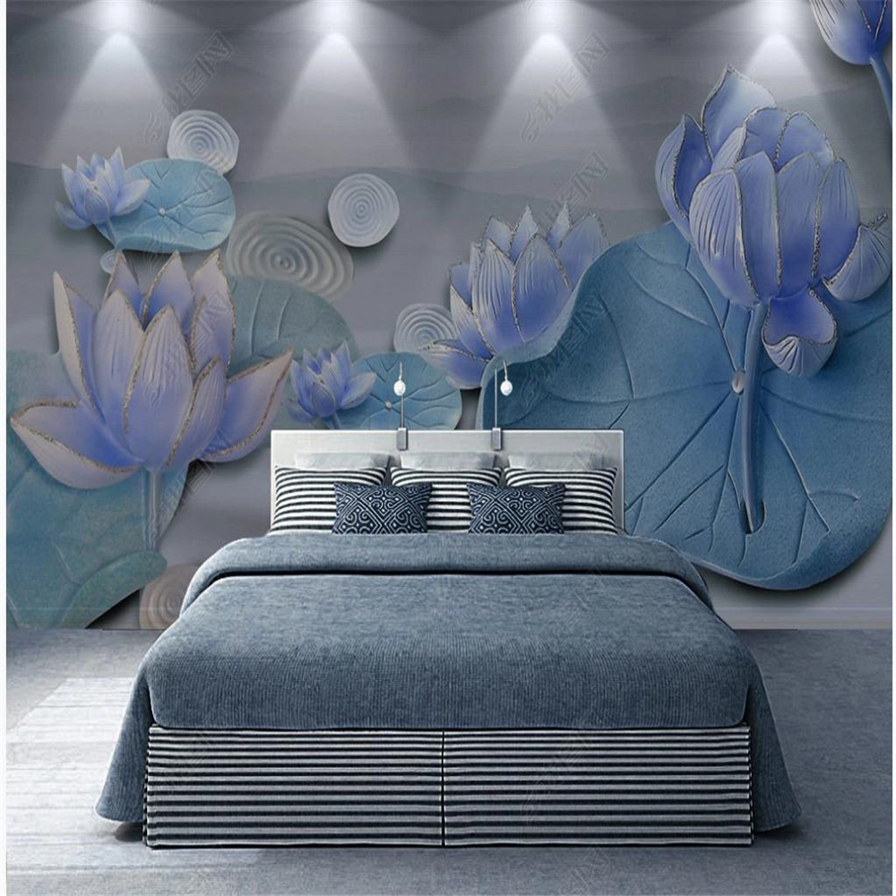 

3D wallpaper three-dimensional relief lotus pond moonlight living room background wall decoration painting, Blue