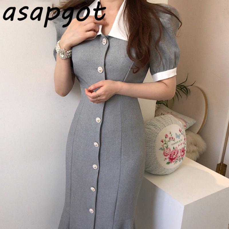 Casual Dresses Chic Korean Slim Summer Elegant Puff Short Sleeve Turn Down Collar Contrast Single Breasted Mermaid Dress Women Vestido Sexy, Black;gray
Casual Dresses Chic Korean Slim Summer Elegant Puff Short Sleeve Turn Down Collar Contrast Single Breasted Mermaid Dress Women Vestido Sexy, Black;gray