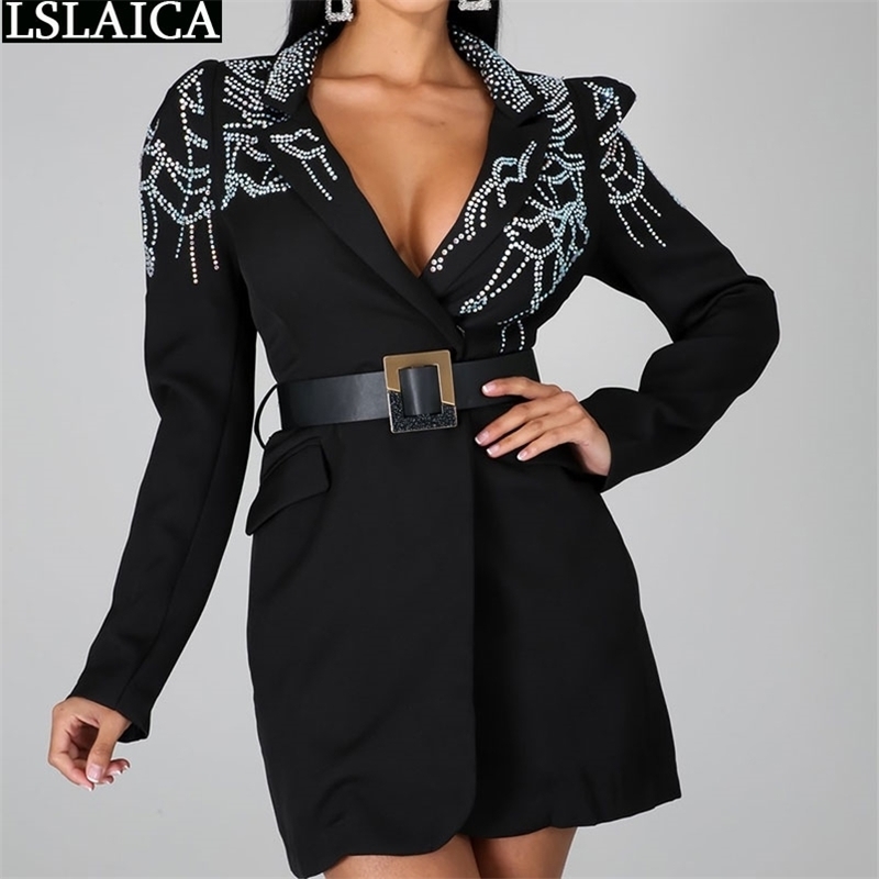 Fashion Coat Women Diamond Long Sleeve Woman Jacket Autumn Office Lady Plus Size Elegant Sashes pocket Slim Black Tops 210515