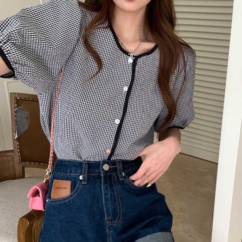 Korean Plaid Shirt Puff Sleeve Singe Breasted O-neck Blusas Causal Summer Sweer Blouse Tops 6H438 210603
