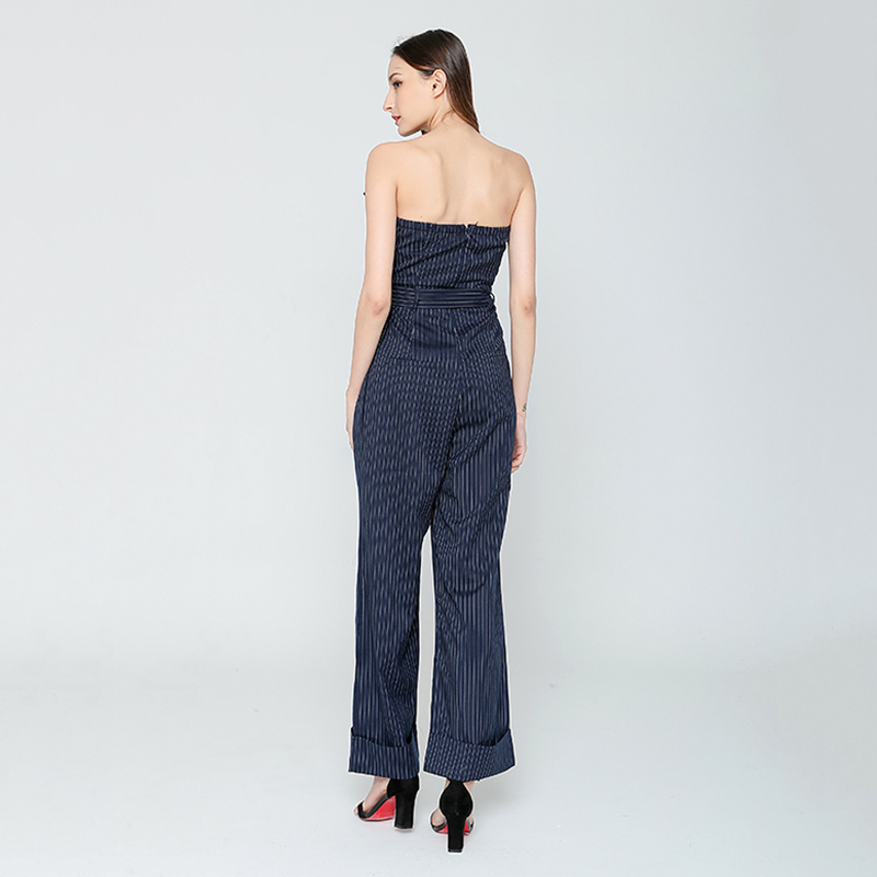 TWOTWINSTYLE Casual Striped Jumpsuit For Women Strapless Sleeveless High Waist Wide Leg Pants Female Jumpsuits Spring Tide 210428