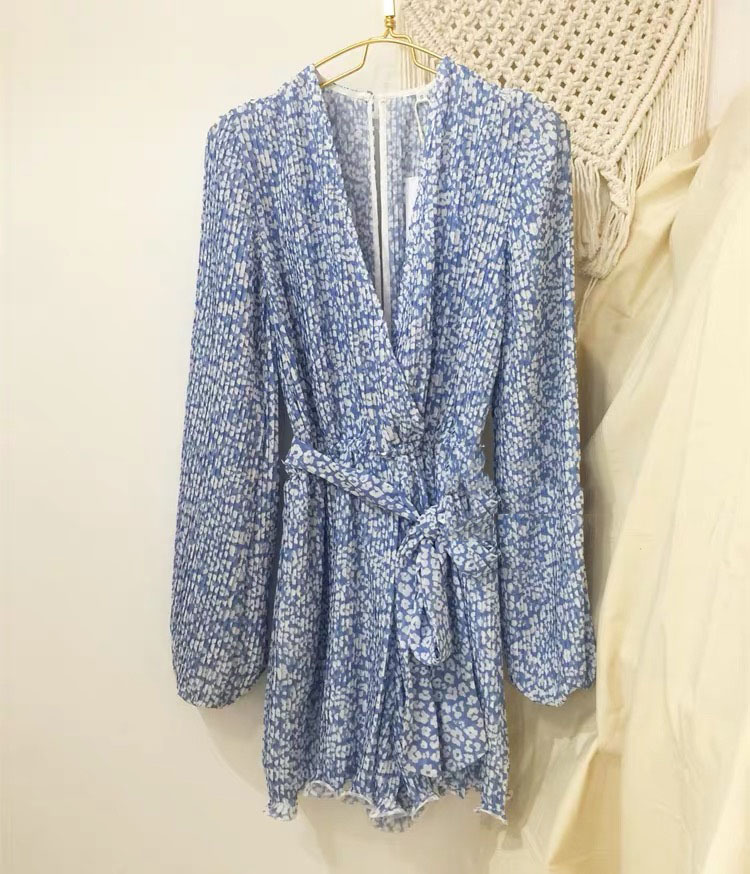 summer chiffon blue floral printed v-neck long sleeve ruffles playsuit women beach holiday casual wear lady clothes sashe 210421