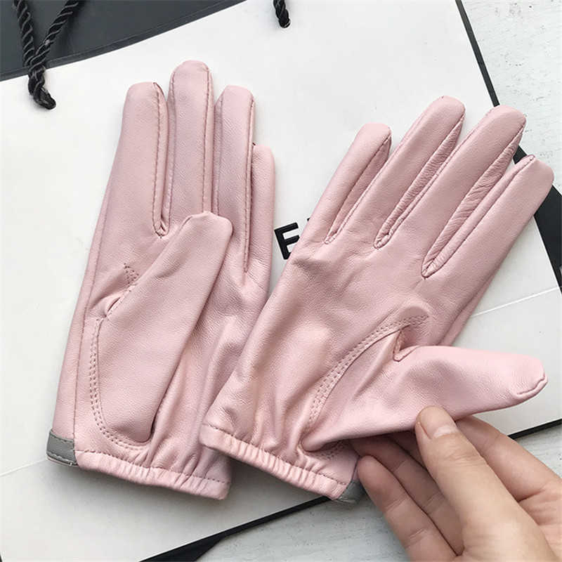 Women's short design sheepskin gloves genuine leather gloves Bow design pink motorcycle glove H1022