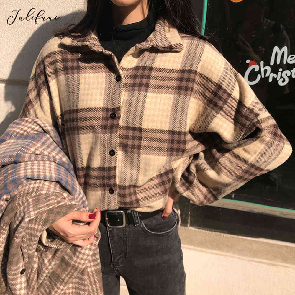 Shirt Women Jacket Loose Vintage Ladies Plaid Checked Button Up Collared Tops Spring Autumn Korean Chic Fashion New Blouses 210415
