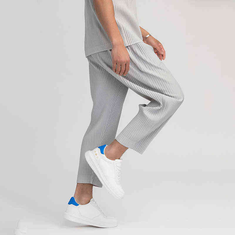 IEFB /men's wear pleated trousers for male Japanese stretch fabric thin style loose drawstring casual ankle-length pants 9Y3050 211112