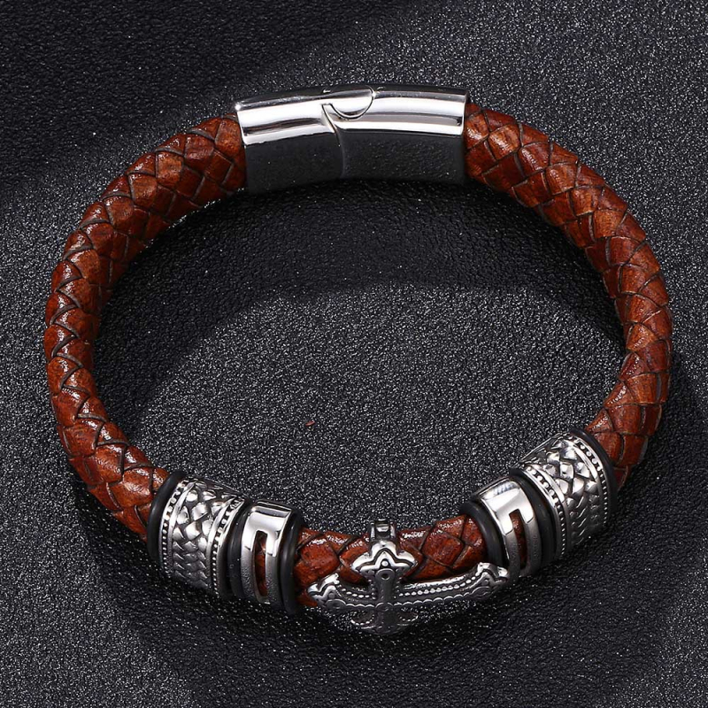 Stainless Steel Cross Charm Magnetic Buckle Bracelet Multilayer Genuine Leather Bracelets for Men Gift