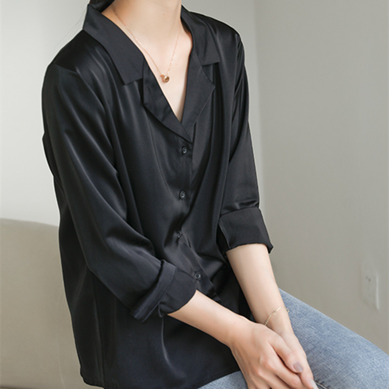 OL Elegant Black Satin Shirt Femme Autumn Vintage Suit Collar Women Blouses Long Sleeve Loose Tops Female Blusas 210421