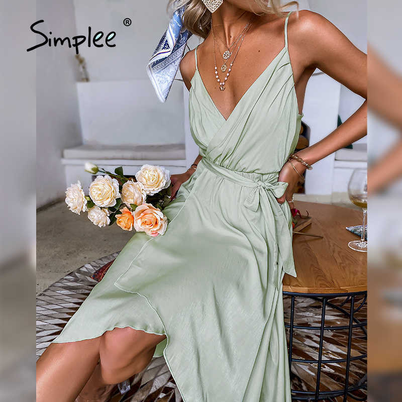 Casual Green V-neck Strap Midi Women Dress Asymmetrical Belt Holiday A-line Summer Dress Sleeveless Party Vestidos 210630