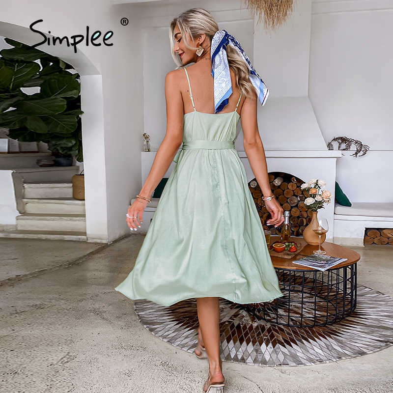 Casual Green V-neck Strap Midi Women Dress Asymmetrical Belt Holiday A-line Summer Dress Sleeveless Party Vestidos 210630