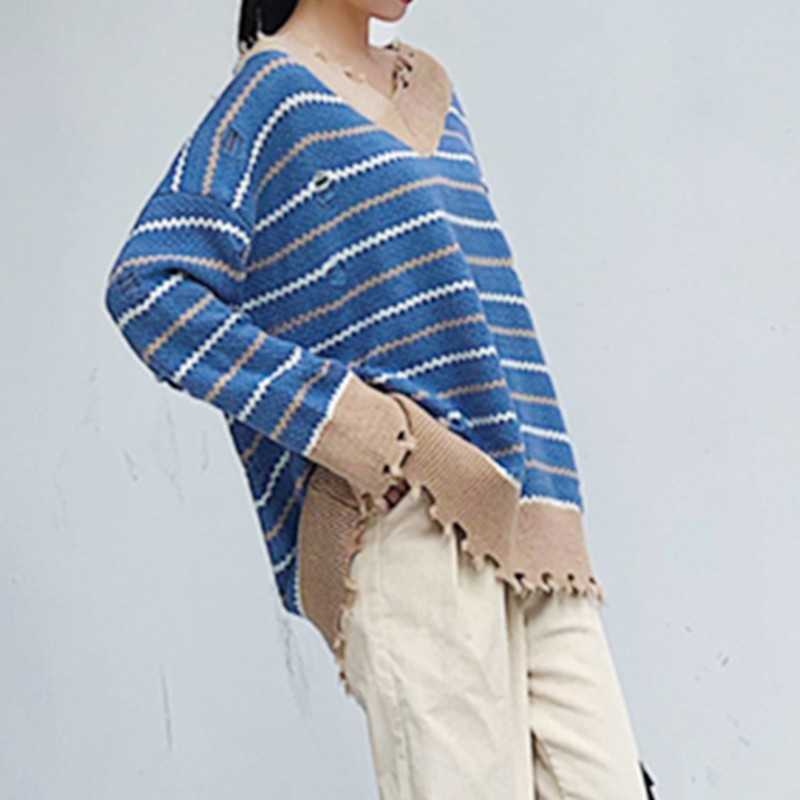 Yedinas Pullover Sweater Knitted Women Winter Ripped Long Sleeve V Neck Striped Sweaters For Casual Jumper Ladies 210527