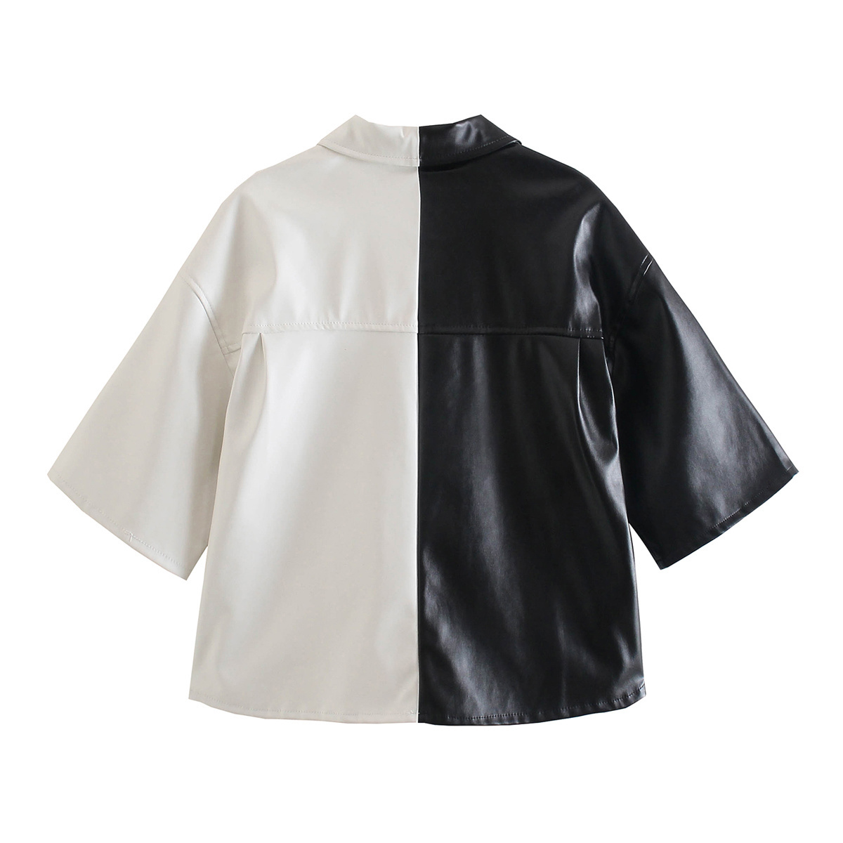 Short Color Contrast Chic Women's Shirt with PU Stitching Harajuku Lapel Female Tops 210507