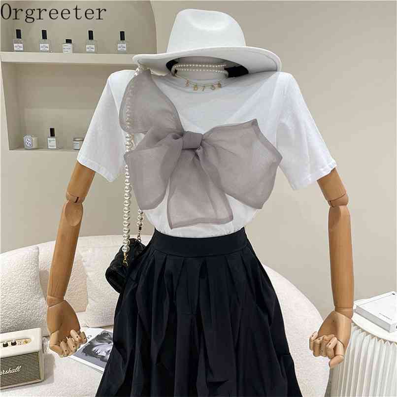 INS Fashion Net yarn Bow Short-sleeved T-shirt Women 's Top Sweet All-match Solid Loose Tees Blouse 210602, White
INS Fashion Net yarn Bow Short-sleeved T-shirt Women 's Top Sweet All-match Solid Loose Tees Blouse 210602, White