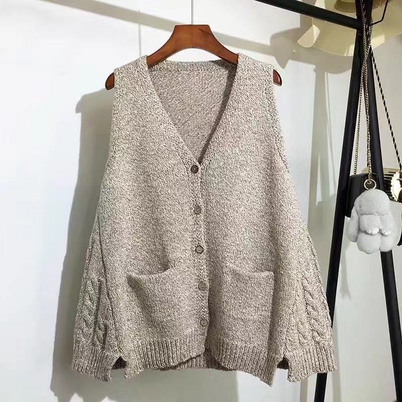 Sweater Women V Neck Sleeveless Cardigan Solid Loose Knitted Tops Vintage Fashion Korean Knitwear Outwear 90916 210519
