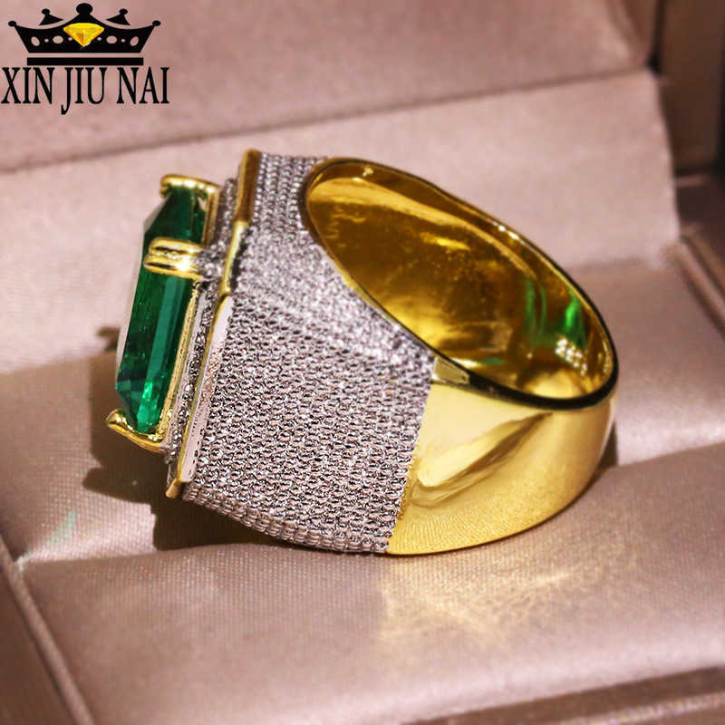 Europe States Exaggerated large Green Zircon Olive Emerald 14K Gold Full Diamond Ring Men And Women Party Jewelry Gift 210701