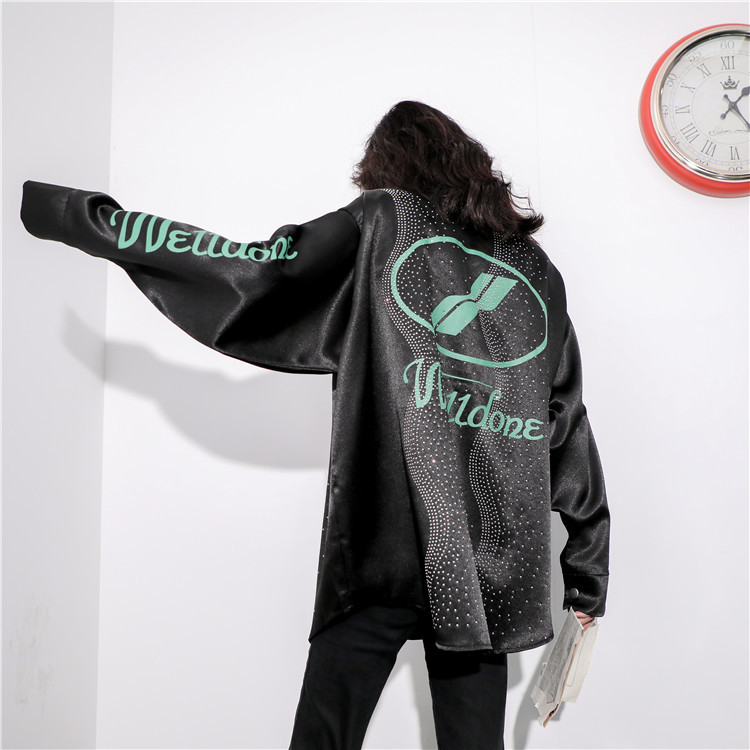 Rhinestone Blouse Women Shirt Letter Print Long Sleeve Button Up Plus Size Tops Fashion Fall Clothes 210427