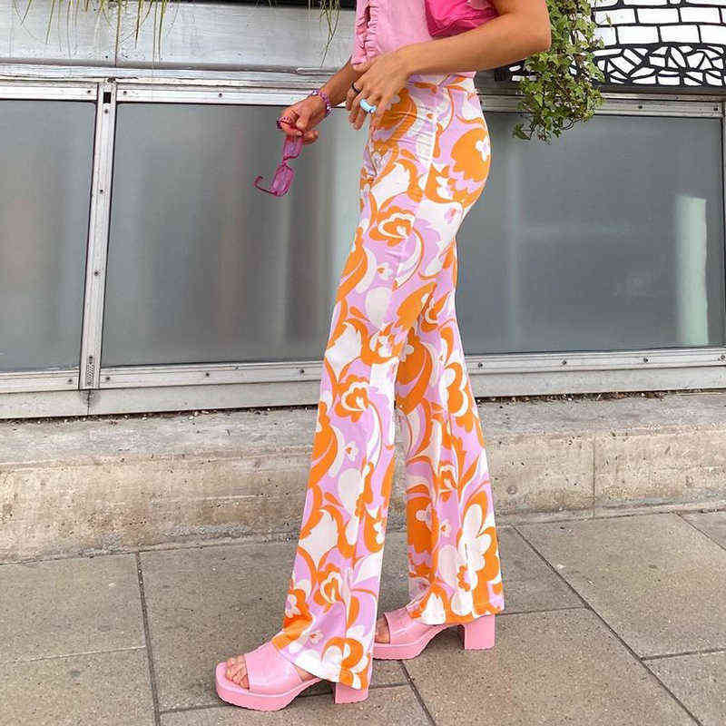 Floral Printed Flare Pants For Women Fashion Summer Chic Tie Dye Long Trousers Female Casual Sweatpant s Streetwear 211115