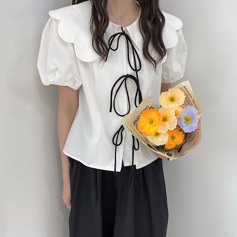Nomikuma Sweet Bow Tie Blouse Shirt Vintage Chic Peter Pan Collar Puff Sleeve Women Tops Causal Korean Summer New Blusas 6G919 210427
