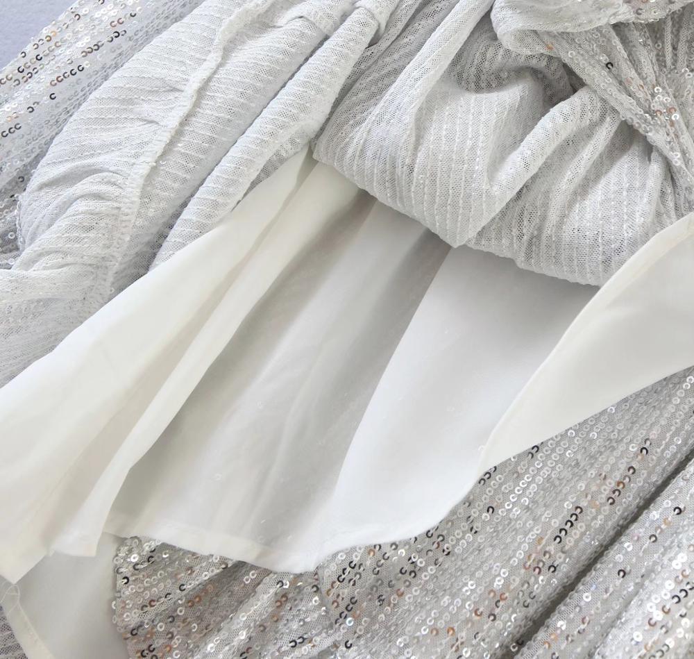 Autumn Ruffles Silver Sequins Wrap Dress Lacing up Waist Split Slim Fit Women Long sleeve Tea Dresses Bow Tide Vestido Party 210429