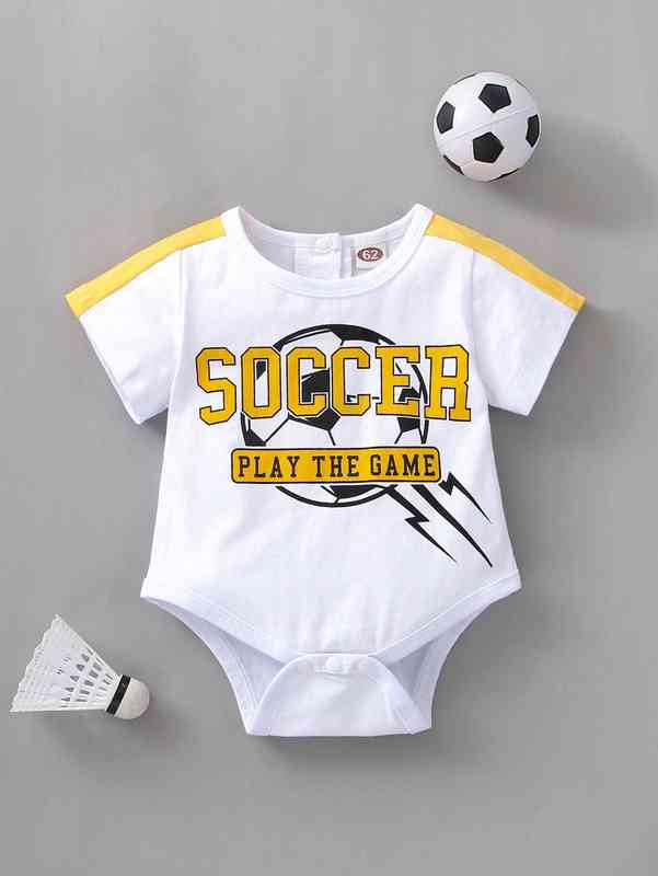 Baby Slogan & Soccer Print Contrast Side Seam Bodysuit SHE