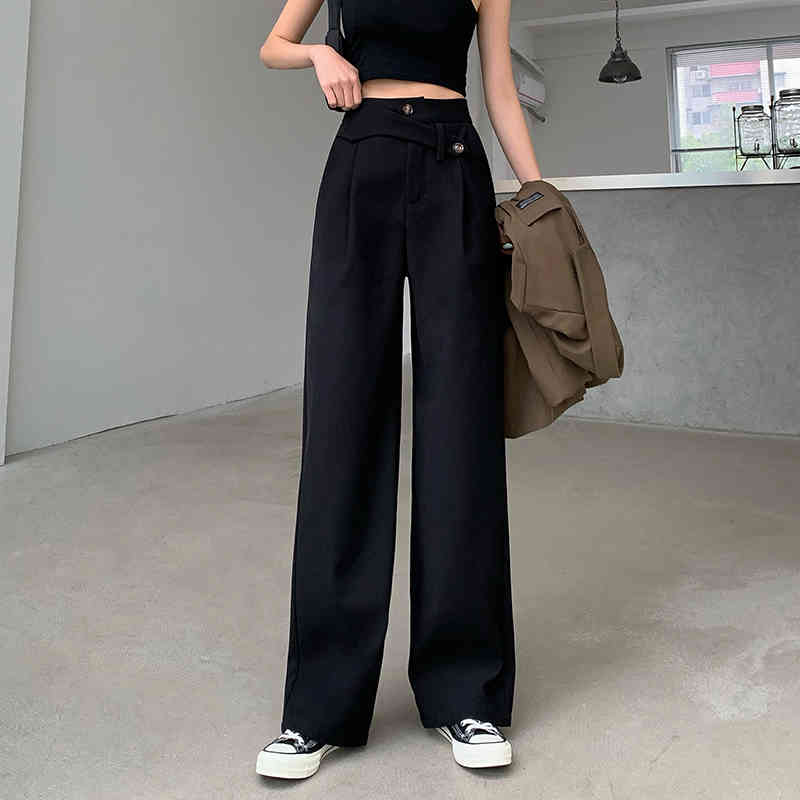 Women Office Lady Straight Plus Size S-L OL Minimalist High Waist Wide Leg Work Wear Pants Solid Trousers 210421