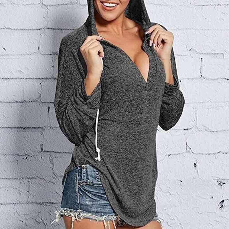 Fashion Women Long Sleeve T Shirt Hooded Pullover Hoodies Female Winter Autumn Loose Tops Sexy Solid V Neck Hoody Clothes 210406