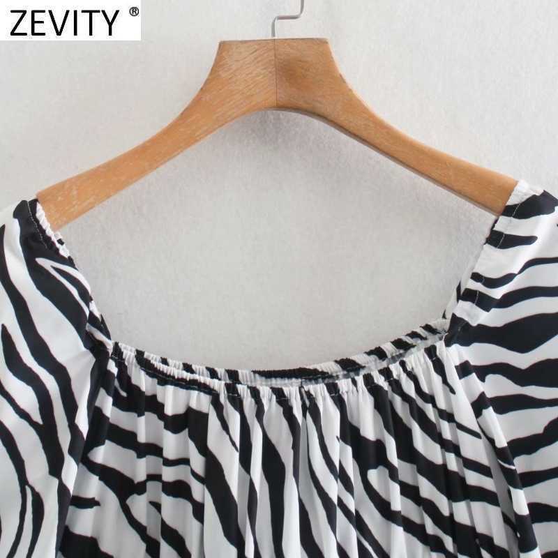 Zevity Women Vintage Zebra Striped Print Short Smock Blouse Female Pleats Long Sleeve Side Zipper Shirt Chic Blusas Tops LS9233 210603