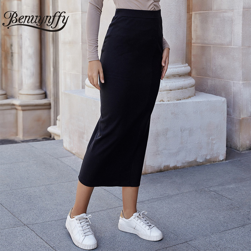 Elegant Knitted Women Black Long Skirts Autumn Winter Fashion Streetwear Ladies High Waist Slim Fit Casual 210510