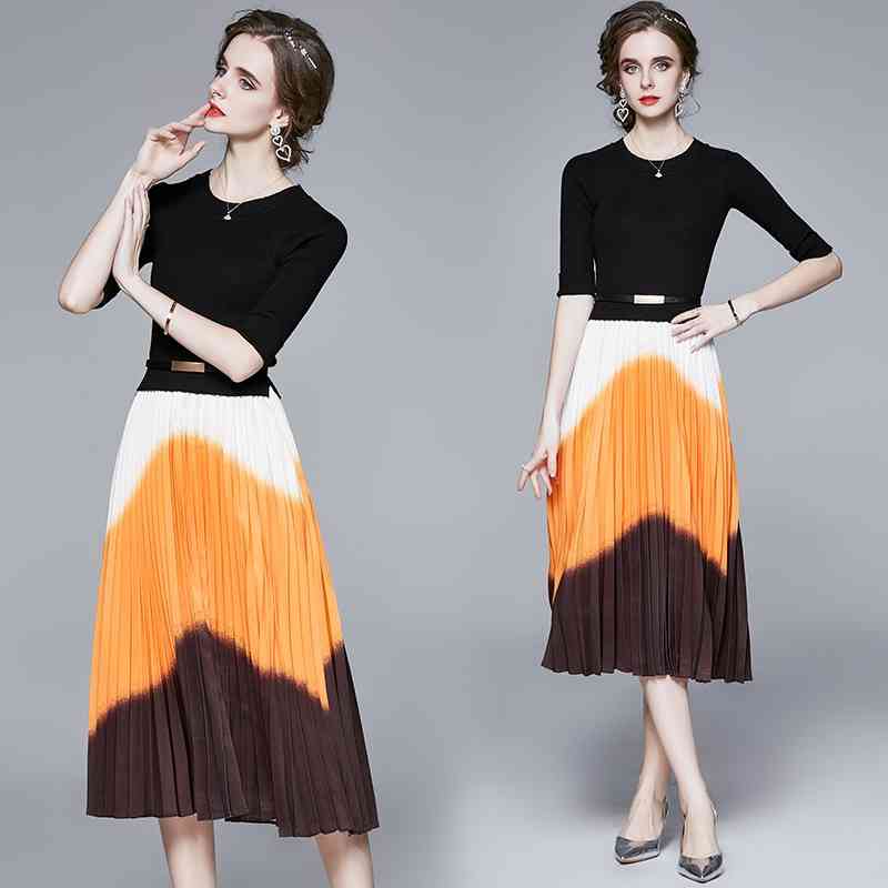Elegnat Autumn Warm Knit Stitching Pleated Print Vintage Slim Long Dress Round neck Black Work Casual Female Party Dresses 210506