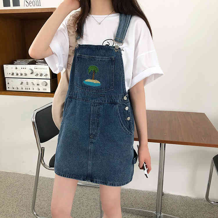 SML korean style Spring summer women vintage high waist straps denim dess female A line mini jeans dress womens (78337 210423
