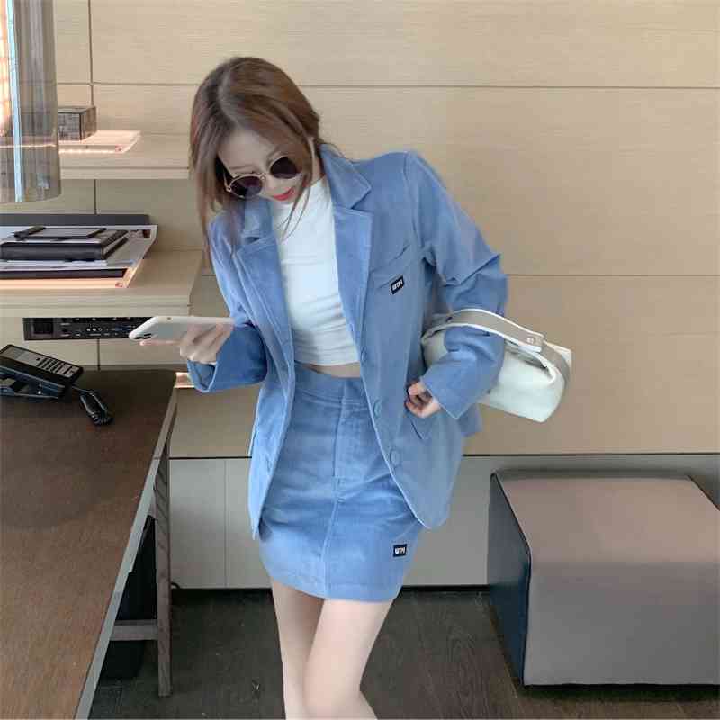 Korean Corduroy Two Piece Skirt Suit Set Women Single-breasted Blazer + Mini Outfits Fashion Office Streetwear Female 210514