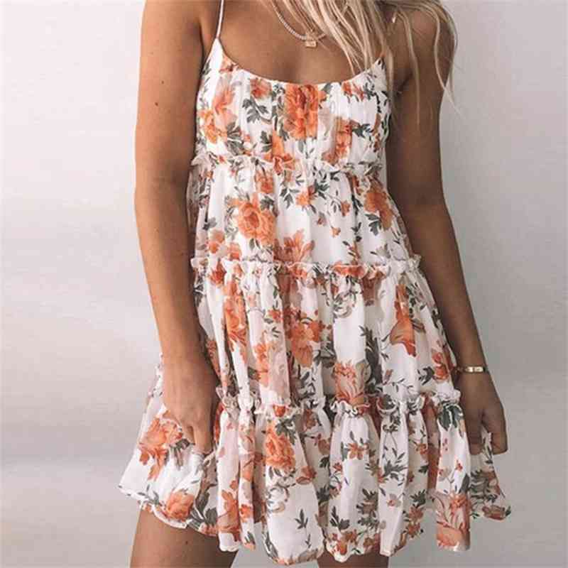 Women' 2021 new holiday Style Sexy print suspender Beach Dress, Beige