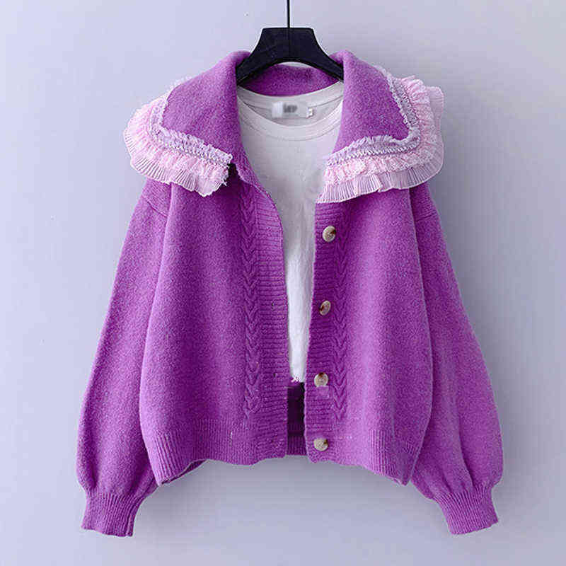 AZYT Autumn Winter Knit Female Cardigan Lace Turn Down Collar Sweater Womens jacket Loose Elegant Ladys Cardigan Pull Femme Top 211117