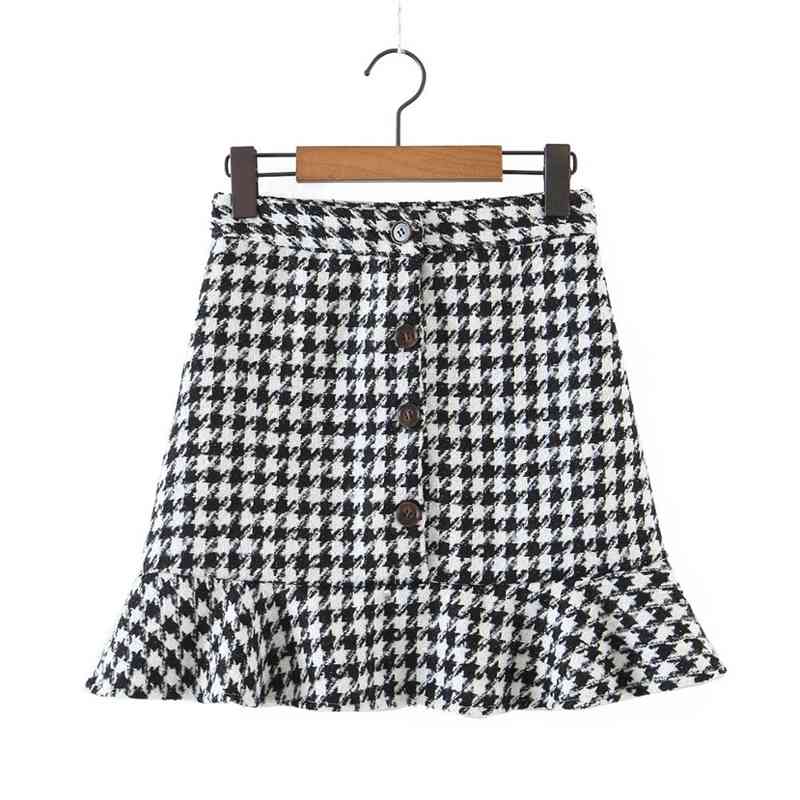 Sexy Tweed Open Buttons Package Hips Check Plaid Mini Short Trumpet Skirt Mermaid Black White Contrast color Autumn Winter 210429